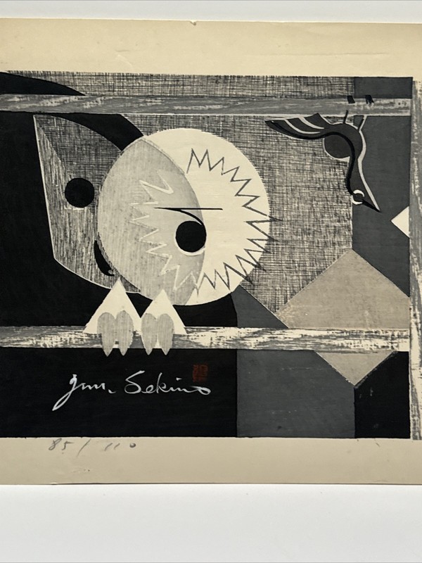 Junichiro Sekino Woodblock Print Rare Mid Century Modernist ABSTRACT BIRD Large gallery
