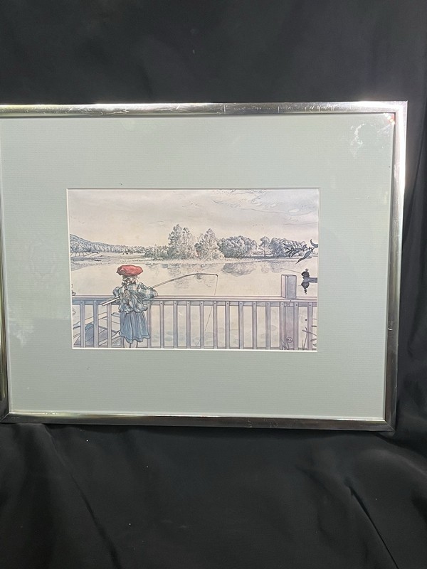 Vtg CARL LARSSON LISBETH ANGLING FISHING FRAMED MATTED Art Print 14.5 X 11.5”