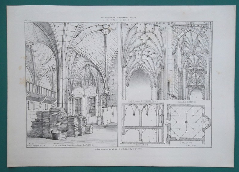 ARCHITECTURE Gothic Ceilings Redcliffe England Regensburg – SCARCE 1862 Print