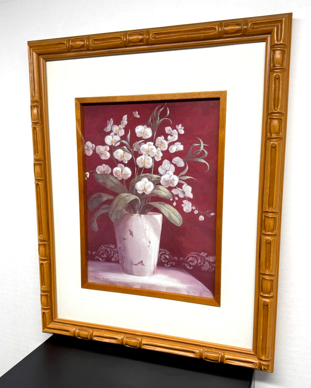 Vivian Flasch Print Potted White Orchids Carved Faux Bamboo Frame 15×12”