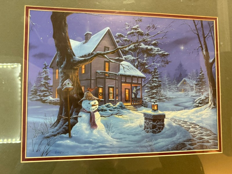 Humphries Print Snowman Picture 22 by 18 Frame House Winter Night Beautiful