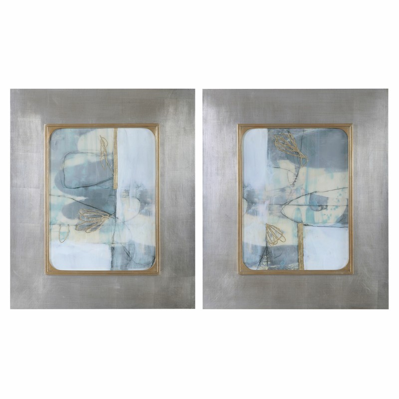 Large Metallic Silver Gold Modern Abstract Print Set 2 Blue Gray Marbelized