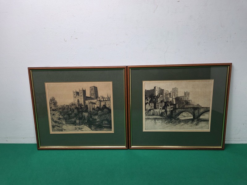 Pair Framed Vintage Durham Castle & Cathedral Etching Prints by Margaret Rudge