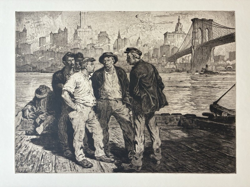 Martin Lewis Etching: "Dock Workers Under the BrooklynBridge”, signed in plate
