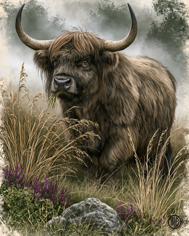 8×10 Gray Highland Bull in Meadow Art Print – 909142186