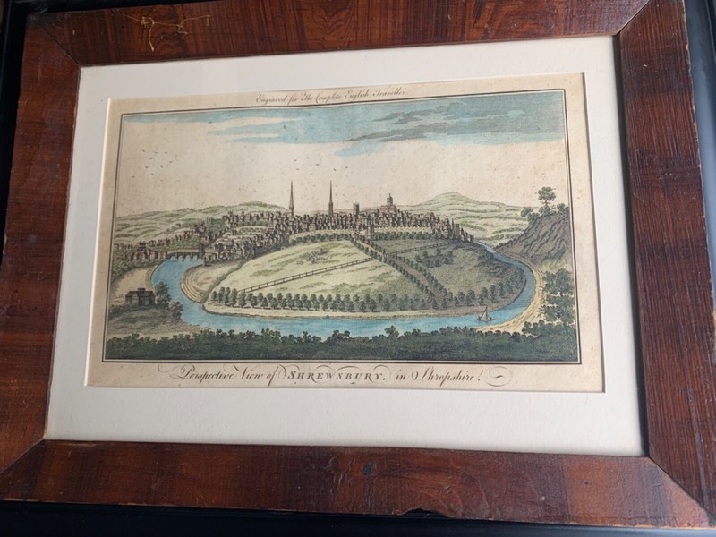 Antique Color Engraving SHREWSBURY SHROPSHIRE Severn River England Framed