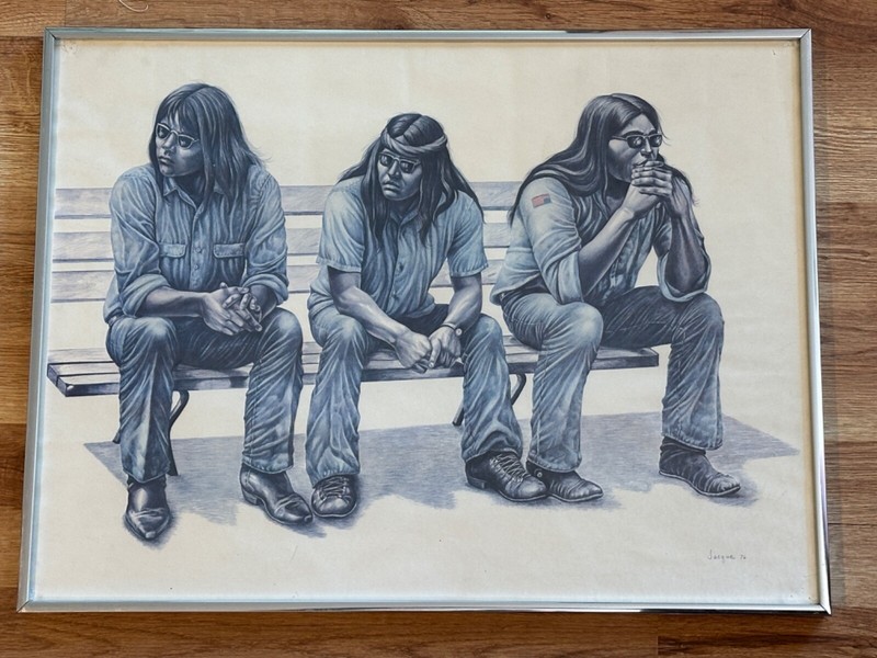 RARE JACQUE EVANS «NATIVE AMERICAN PROTEST » PRINT 1976 FRAMED 18.25″ X 24.25″