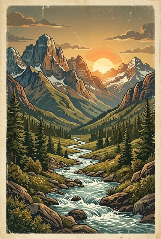 Vintage Nature Landscape Poster Art Print Mountain River Sun Wall Decor 16×24
