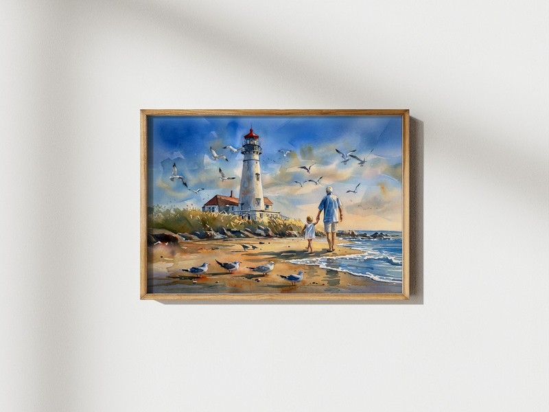 Peaceful Lighthouse Walk 5"x7" Print on Matte Paper | Coastal Family Art gallery