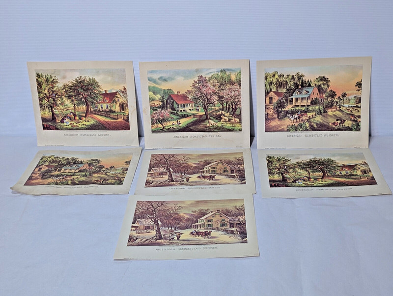 Lot of 7: Vintage Currier & Ives «American Homestead» 1980s Lithograph Prints