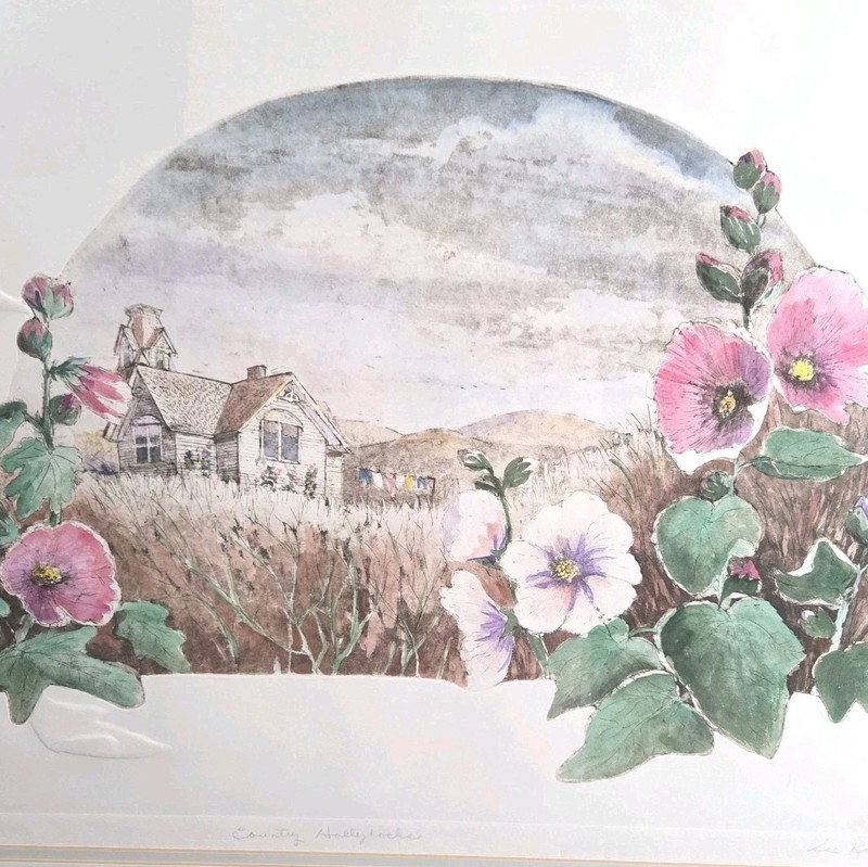 Sue Krause Hand Painted Etching Signed Numbered Country Hollyhocks Cottagecore