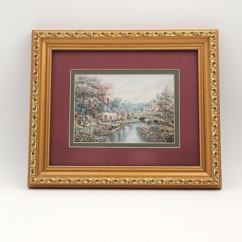 Vtg Carl Valente Matted Ornate Frame Art Print English Village River Bridge