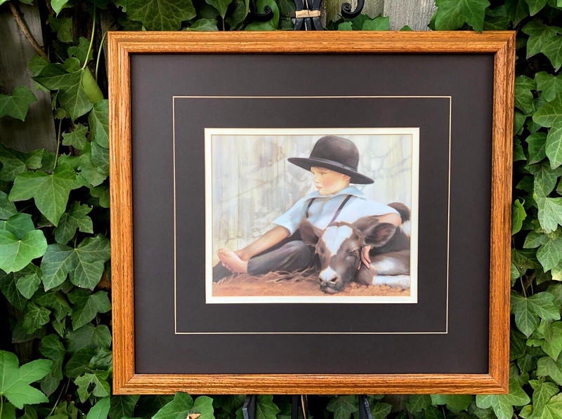 Amish Boy & Sleeping Calf, by NANCY NOEL, Signed + Embossed Seal, Well Framed