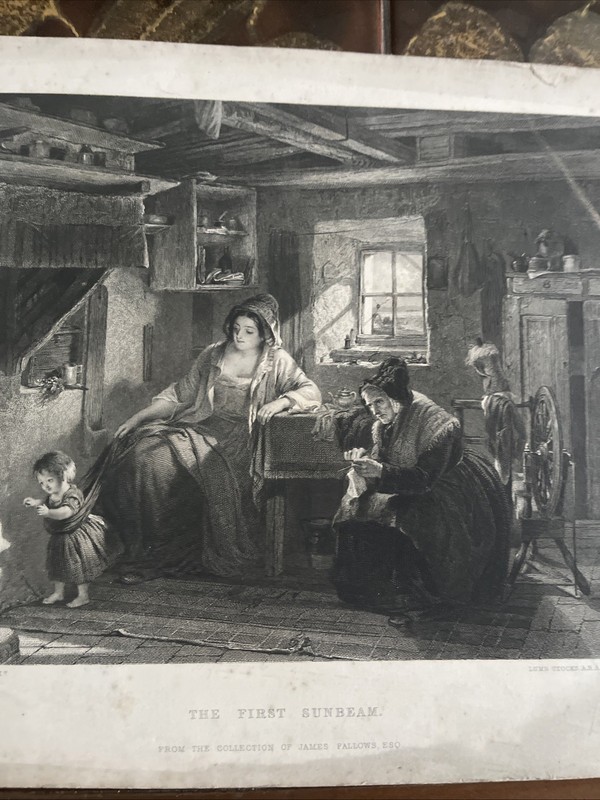  ANTIQUE ORIGINAL B/W ENGRAVING-FAMILY LIFE- THE FIRST SUNBEAM -1870 CA gallery