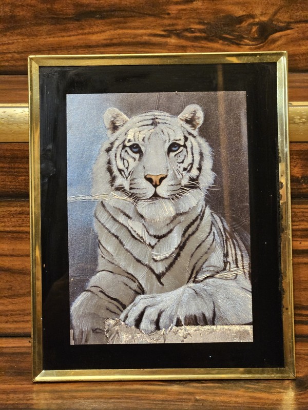 Vintage White Tiger Foil Art Framed Picture 8×10 Retro 80s Iridescent Kitsch
