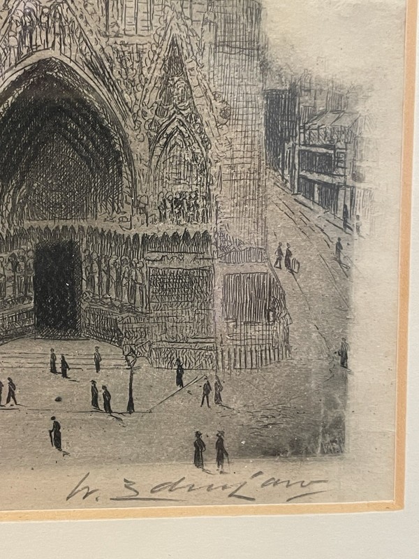 Original Etching-NOTRE DAME France Pencil Signed by Artist Framed 11.5x14.5 gallery