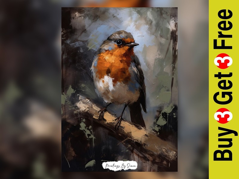 Charming Robin on a Branch, Oil Painting Print 5"x7" on Matte Paper