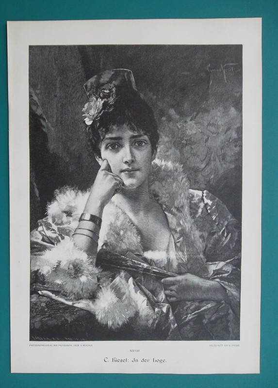 YOUNG LADY in Theater Loge High Spanish Flowers Comb Holding Fan - 1889 Print
