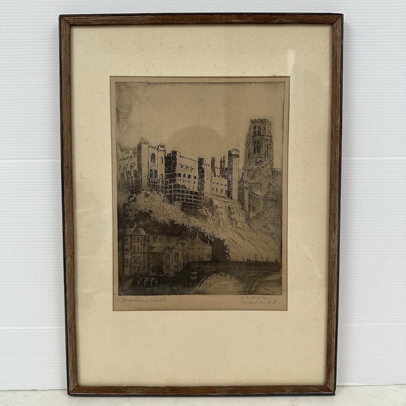Durham Castle etching with scaffolding c1920s–30s restoration, framed