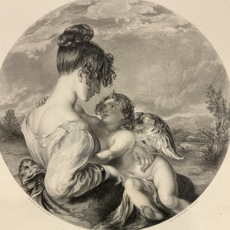 William Etty Antique Engraving The Dangerous Playmate/Holding a Winged Putto