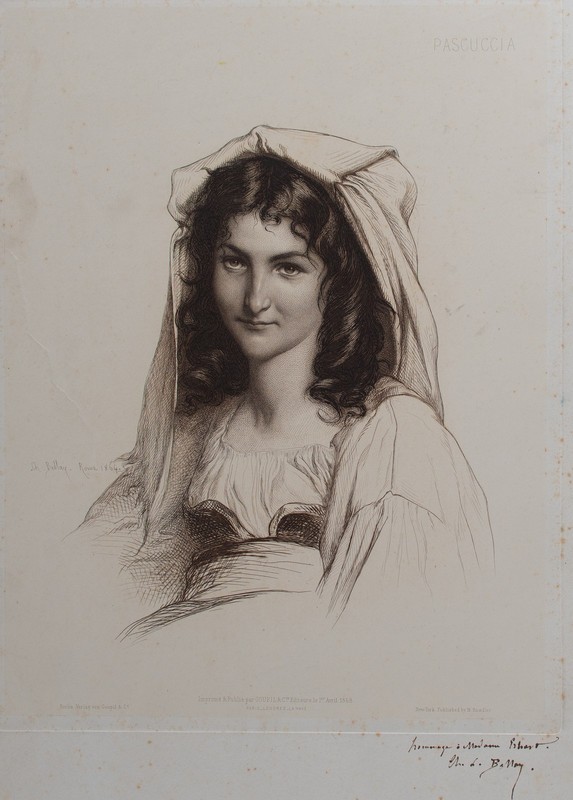 Woman Portrait Roman Woman Italy Rome Signed Charles Bellay Etching 1864