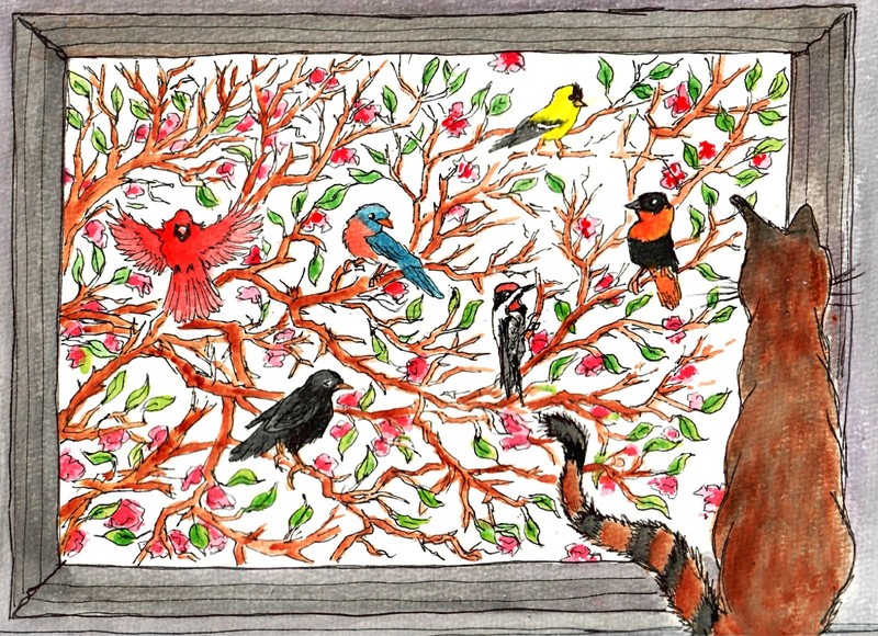 Cat Watching Birds Through A Window, (Signed, Matted Watercolor Art Print)