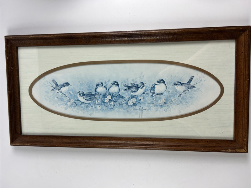 Vintage Margie Morrow 1983 “Birds On A Branch” Framed Art Print 21″x10″ Signed