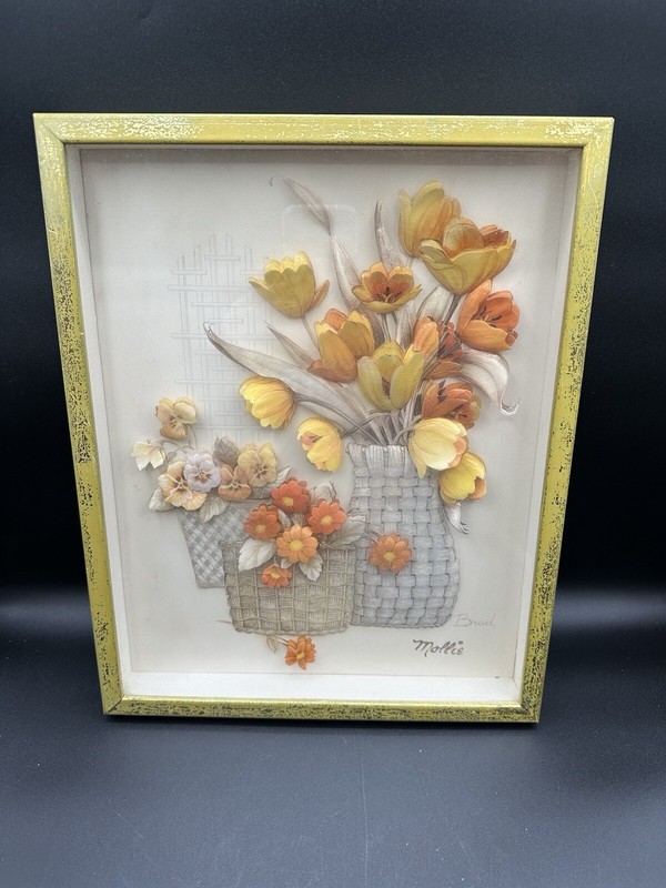 MCM Vintage 3D Floral Framed Artwork By Mollie Signed Bruce
