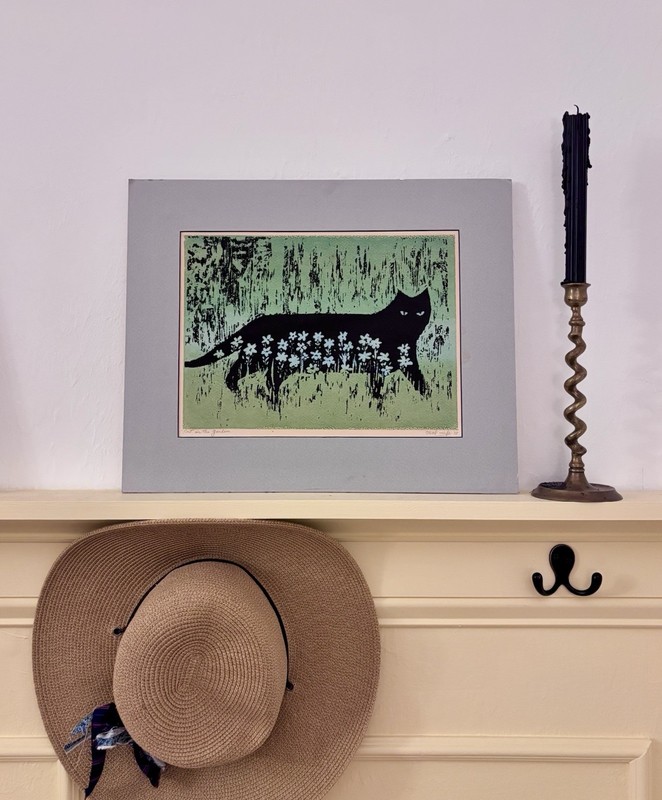Vintage One Of A Kind (1978) Linocut Art Matted Print “Cat In The Garden” gallery
