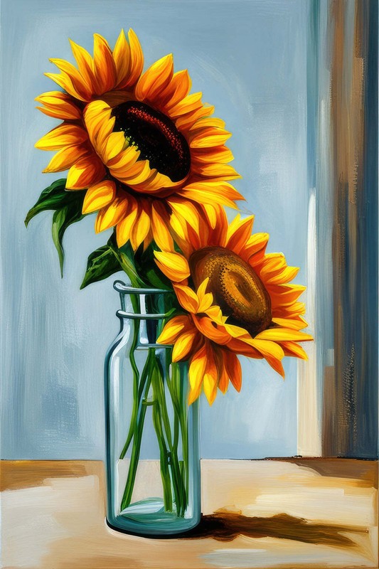 Two Sunflowers in A Glass Jar Oil Painting Art Print – 12 x 18 inches