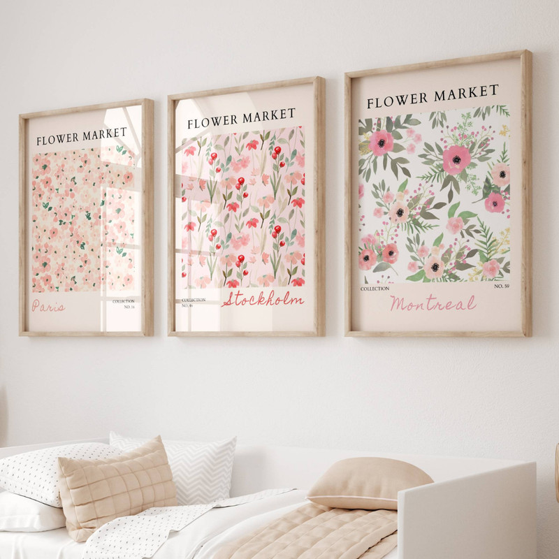 Set of 3 Pink Floral Flower Market Art Prints – Floral Prints Posters