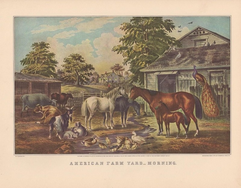 1952 Vintage Currier & Ives «AMERICAN FARMYARD MORNING» HORSES COLOR Lithograph