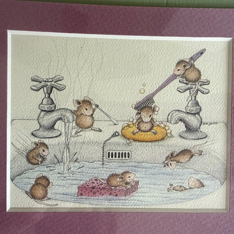 Vintage 80s House Mouse Print by Jareckie Matted 5×7 Sink Bathroom Whimsical