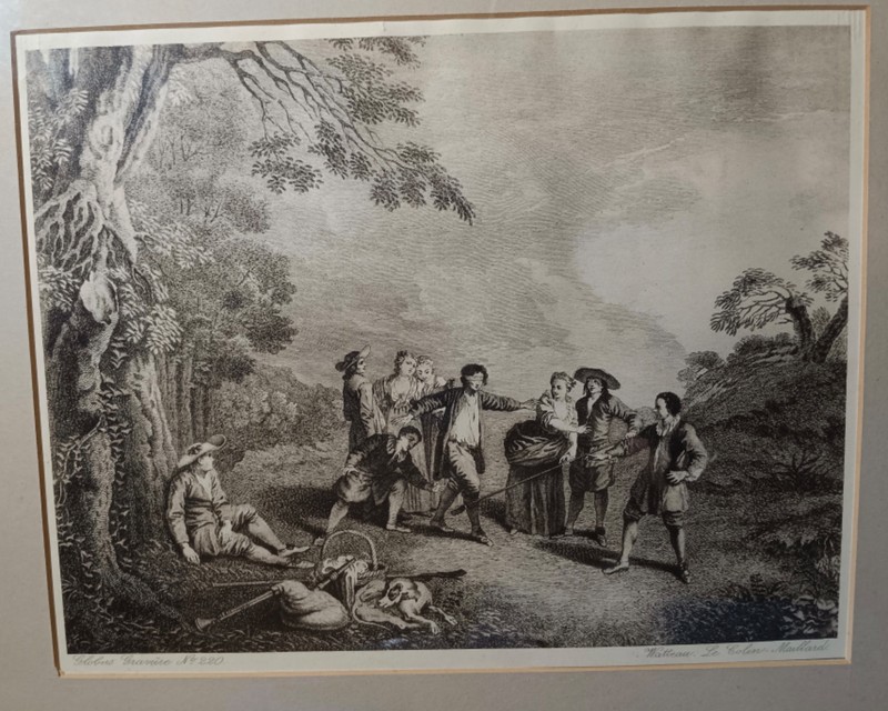 18th Century engraving, Blind Man’s Bluff, matted and framed, potential etching