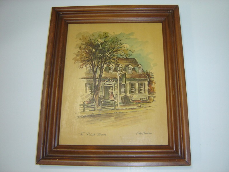 Vintage Framed Coby Carlson Print Raleigh Tavern in Muted Colors gallery