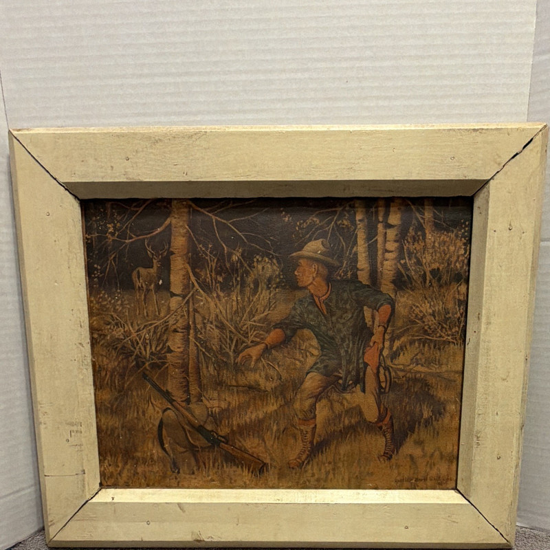 Antique Framed Hunting Art Print/painting- Hunter & Dog from 1946 one of a kind.