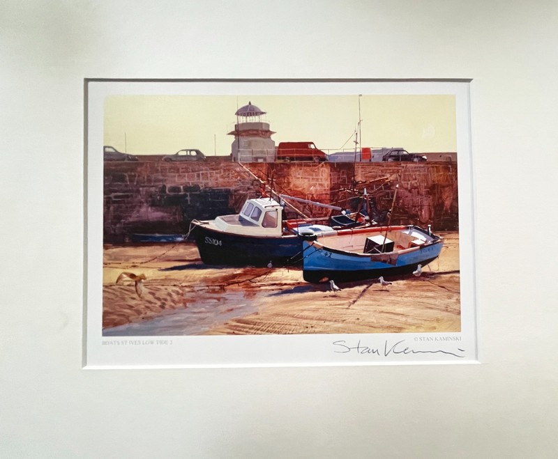 REDUCED! 'Boats St Ives Low Tide 1' Mounted Print by Stan Kaminski 30.5 x 25.5cm