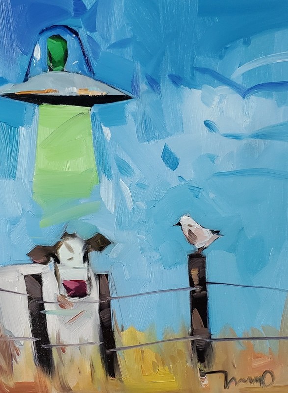 Cow UFO Space Ship Ranch Art PRINT Painting by Collectible Artist Jose Trujillo