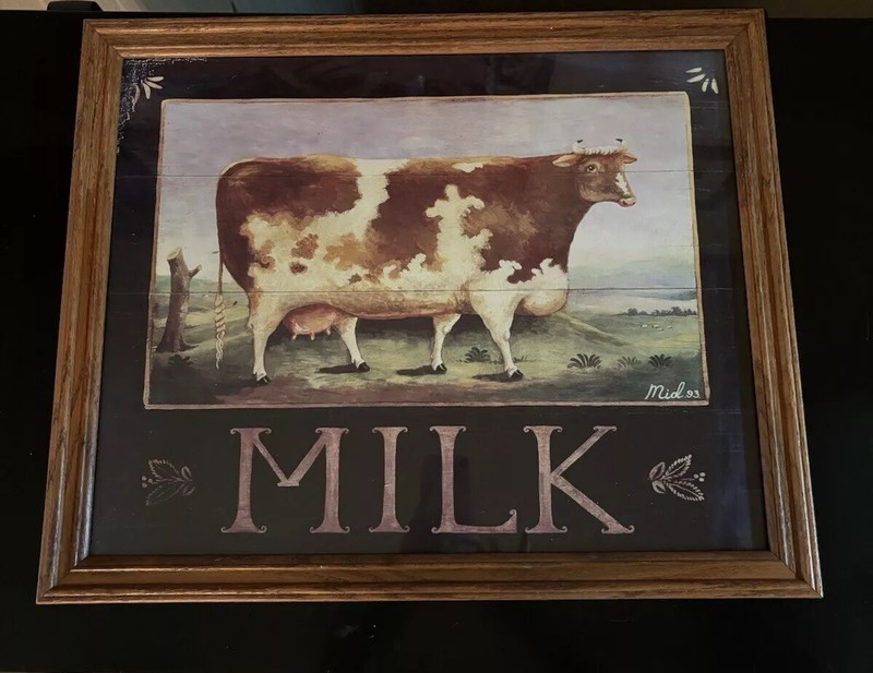 Naive Painting of a cow (Milk) with a Decorative Border Framed Picture 18” X 22”