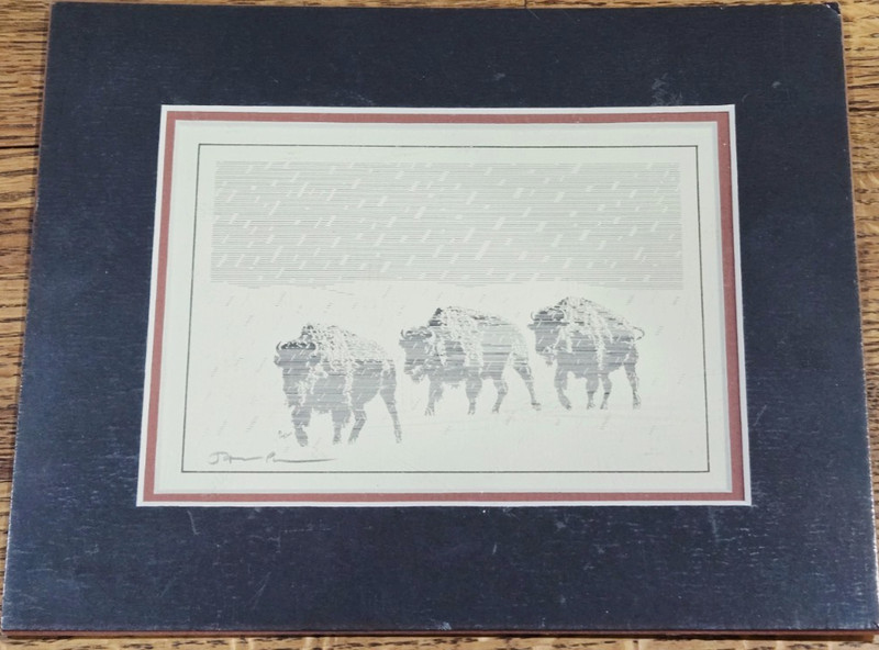 3 Buffalo on Range in Snow by James Pollock ~ 5 x 7″ Rare Signed Matted