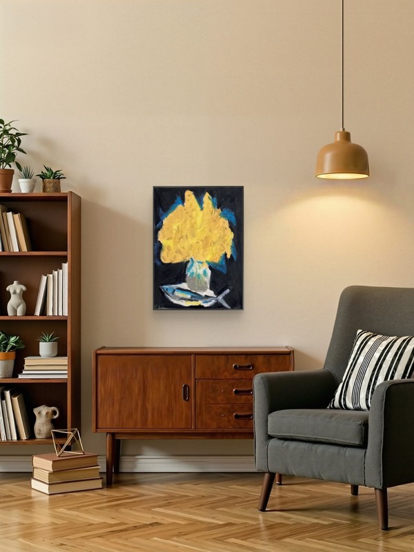 Moody Navy Blue Abstract Art 8x10 Bold Yellow Flowers Fish Midnight Still Life gallery