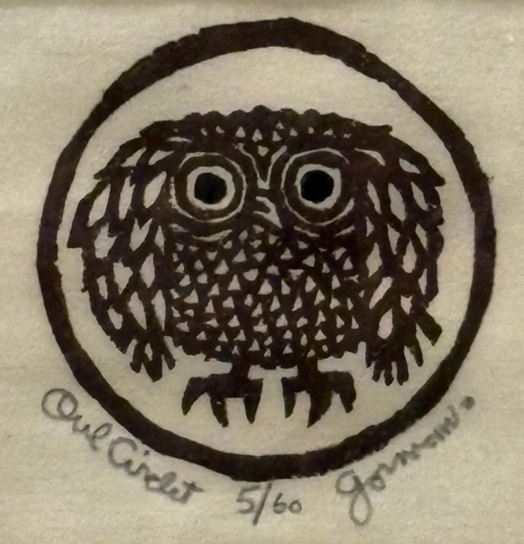 Owl Circlet 2 1/2 x 2 1/2″ Woodcut -5/60-1960s-William Gorman-(1926-2006)