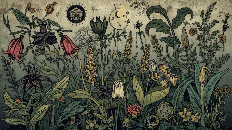 Botanical Flowers & Plants Landscape Illustration Print, Nature Art Garden Theme