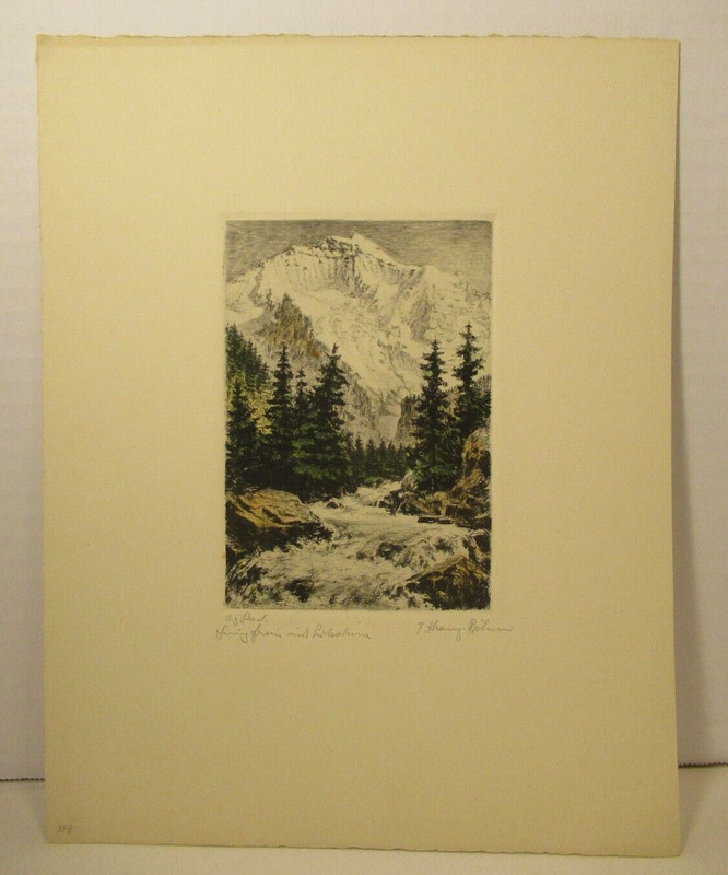 Vintage Art Print Nature Scene Mountains Tree and River Signed