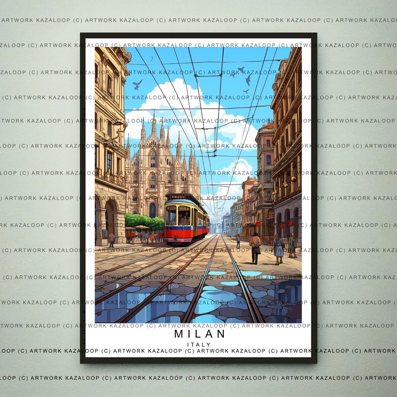 Milan Italy Street Print Unframed Milan Scene Street Illustration Art Poster