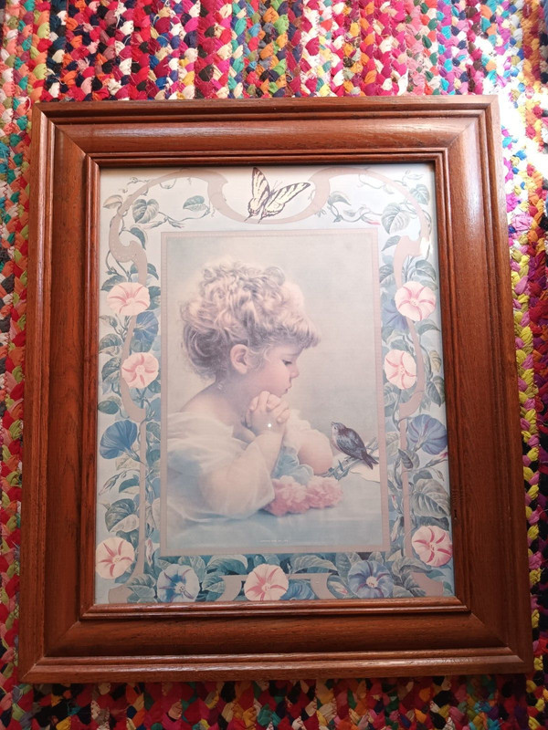 Vintage Heavy Oak Frame Victorian Girl Bird Flowers Springtime of Life 22 X 26