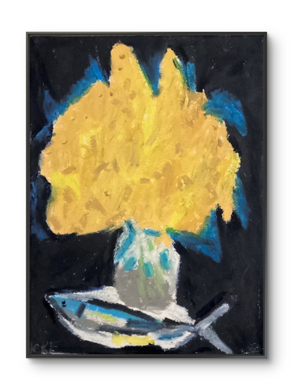 Moody Navy Blue Abstract Art 8×10 Bold Yellow Flowers Fish Midnight Still Life