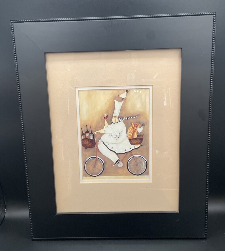 Jennifer Garant Fat Chef Red Wine & Baguette Riding Bicycle Framed Art - Nice!