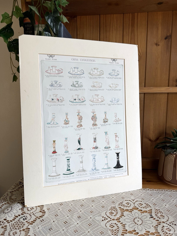 Vintage Catalogue Print of Victorian China Candlesticks A3 Size Mounted