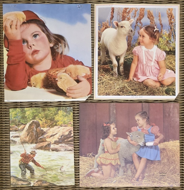 Vintage 1950s Prints Variety Fly Fishing Lot of 4, Hunting Cabin Art Lot